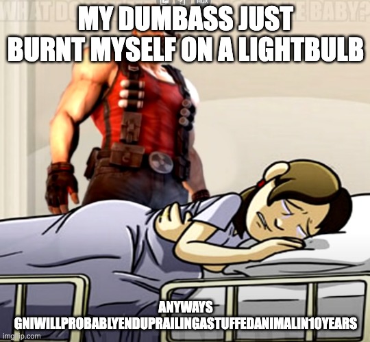 what | MY DUMBASS JUST BURNT MYSELF ON A LIGHTBULB; ANYWAYS GNIWILLPROBABLYENDUPRAILINGASTUFFEDANIMALIN10YEARS | image tagged in what do you mean you lost the x | made w/ Imgflip meme maker