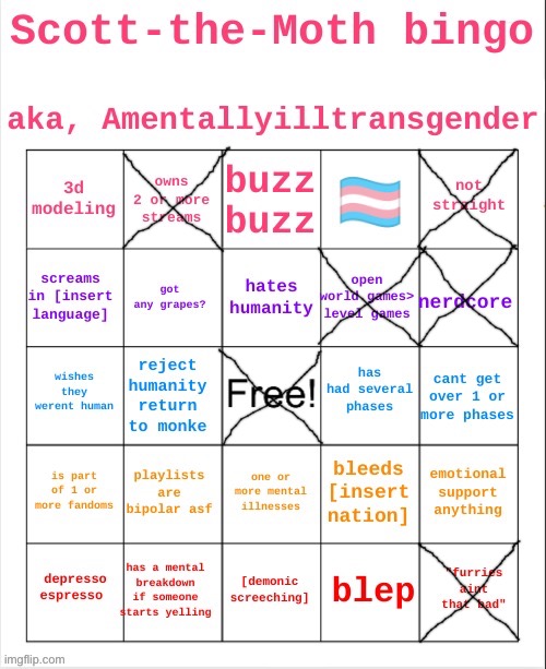 Scott the Moth bingo | image tagged in scott the moth bingo | made w/ Imgflip meme maker