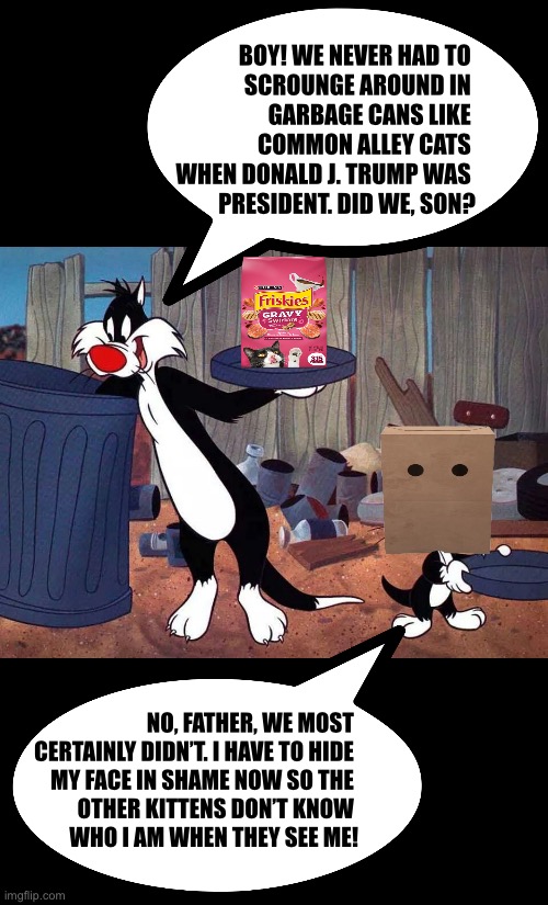 BOY! WE NEVER HAD TO 
SCROUNGE AROUND IN 
GARBAGE CANS LIKE 
COMMON ALLEY CATS 
WHEN DONALD J. TRUMP WAS 
PRESIDENT. DID WE, SON? NO, FATHER, WE MOST 
CERTAINLY DIDN’T. I HAVE TO HIDE 
MY FACE IN SHAME NOW SO THE 
OTHER KITTENS DON’T KNOW 
WHO I AM WHEN THEY SEE ME! | made w/ Imgflip meme maker