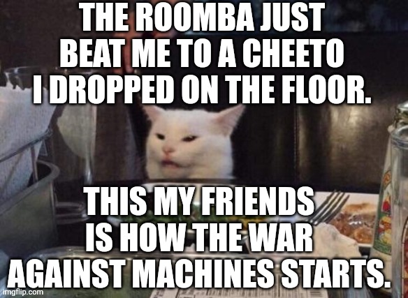 Smudge that darn cat | THE ROOMBA JUST BEAT ME TO A CHEETO I DROPPED ON THE FLOOR. THIS MY FRIENDS IS HOW THE WAR AGAINST MACHINES STARTS. | image tagged in smudge that darn cat | made w/ Imgflip meme maker