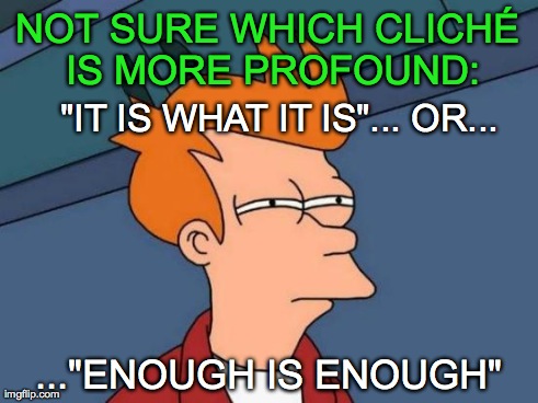 Futurama Fry Meme | NOT SURE WHICH CLICHÃ‰ IS MORE PROFOUND: ..."ENOUGH IS ENOUGH"     "IT IS WHAT IT IS"... OR... | image tagged in memes,futurama fry | made w/ Imgflip meme maker