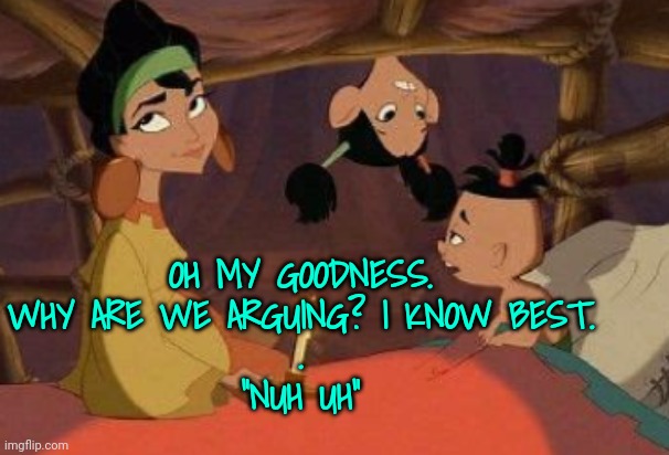 Who Knows Best Anymore? | OH MY GOODNESS. WHY ARE WE ARGUING? I KNOW BEST.
.
"NUH UH" | image tagged in emperor's new groove,arguing,politics | made w/ Imgflip meme maker