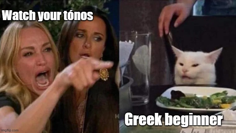 Learning Greek | Watch your tónos; Greek beginner | image tagged in blaming on a cat,funny memes | made w/ Imgflip meme maker