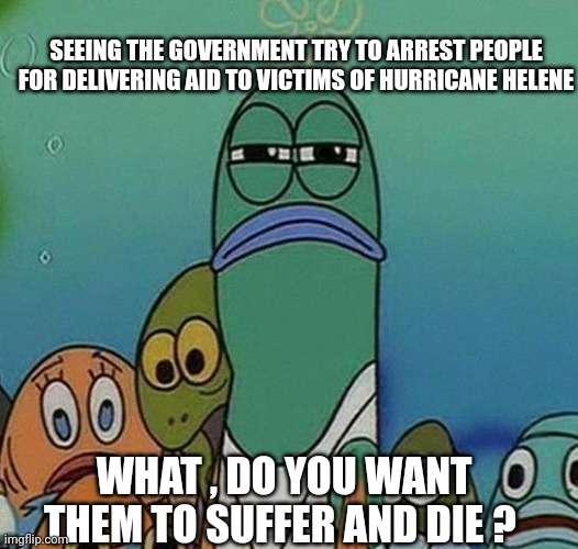 hurricane helene | SEEING THE GOVERNMENT TRY TO ARREST PEOPLE FOR DELIVERING AID TO VICTIMS OF HURRICANE HELENE; WHAT , DO YOU WANT THEM TO SUFFER AND DIE ? | image tagged in spongebob | made w/ Imgflip meme maker