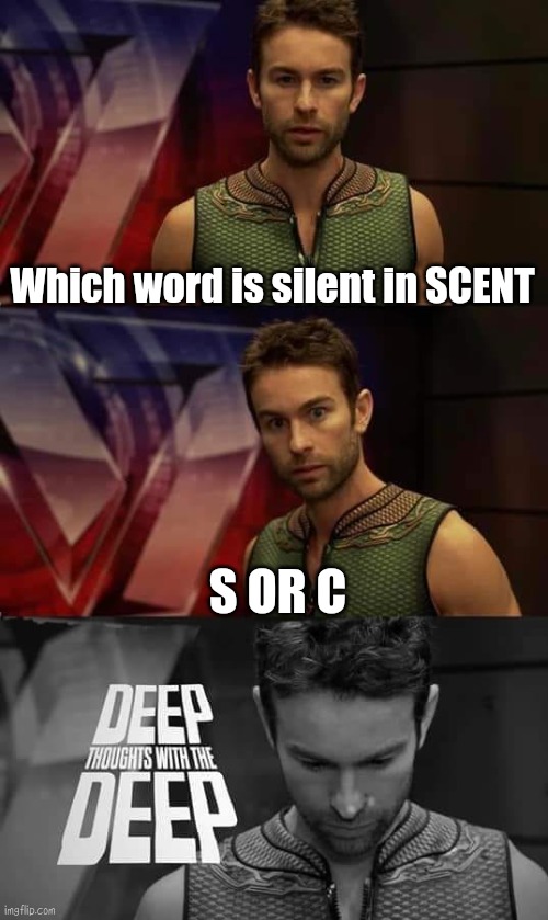 Deep Thoughts with the Deep | Which word is silent in SCENT; S OR C | image tagged in deep thoughts with the deep | made w/ Imgflip meme maker