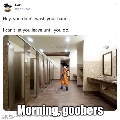 Goku in the bathroom | Morning, goobers | image tagged in goku in the bathroom | made w/ Imgflip meme maker