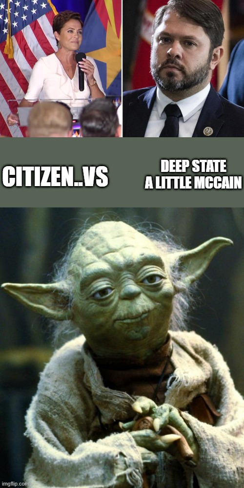 Pay attention AZ. Az with 2 dem sen. is suicide for your state rights & freedoms. | DEEP STATE A LITTLE MCCAIN; CITIZEN..VS | image tagged in memes,star wars yoda | made w/ Imgflip meme maker