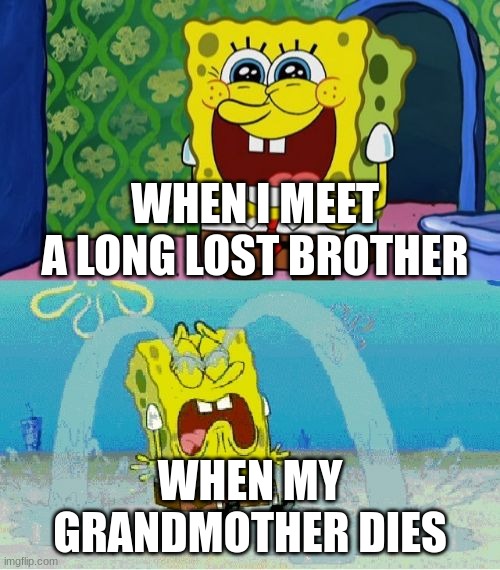 spongebob happy and sad | WHEN I MEET A LONG LOST BROTHER; WHEN MY GRANDMOTHER DIES | image tagged in spongebob happy and sad | made w/ Imgflip meme maker