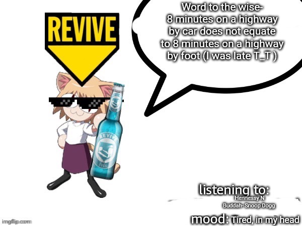 Old Temp, Old Times (I was so childishly excited to be able to post here) | Word to the wise- 8 minutes on a highway by car does not equate to 8 minutes on a highway by foot (I was late T_T ); Hennessy N Buddah- Snoop Dogg; Tired, in my head | image tagged in adelaideaux temp | made w/ Imgflip meme maker