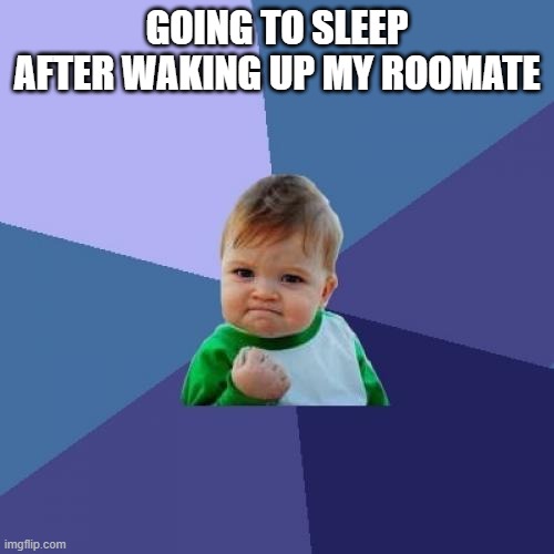 Average developer | GOING TO SLEEP AFTER WAKING UP MY ROOMATE | image tagged in memes,success kid | made w/ Imgflip meme maker