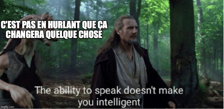 star wars prequel qui-gon ability to speak | C'EST PAS EN HURLANT QUE ÇA
CHANGERA QUELQUE CHOSE | image tagged in star wars prequel qui-gon ability to speak | made w/ Imgflip meme maker