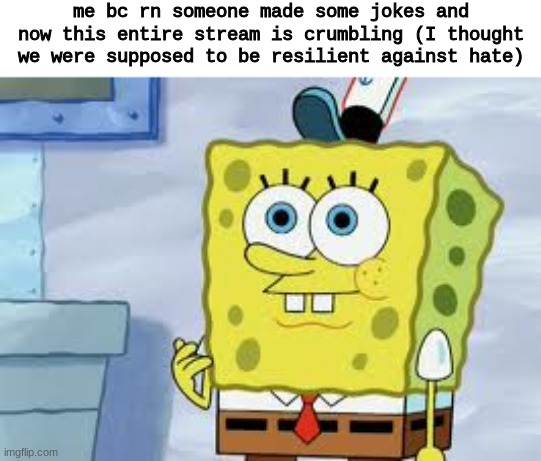 :/ | me bc rn someone made some jokes and now this entire stream is crumbling (I thought we were supposed to be resilient against hate) | image tagged in spongebob face | made w/ Imgflip meme maker