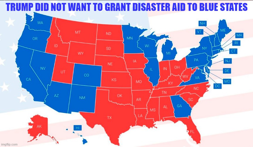 A vote for Kamala Harris will ensure ALL states will receive disaster aid if needed! | TRUMP DID NOT WANT TO GRANT DISASTER AID TO BLUE STATES | image tagged in donald trump,disaster,fema,aid | made w/ Imgflip meme maker