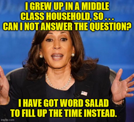 Kamala Harris Answer Actual Questions? | I GREW UP IN A MIDDLE CLASS HOUSEHOLD, SO . . . CAN I NOT ANSWER THE QUESTION? I HAVE GOT WORD SALAD TO FILL UP THE TIME INSTEAD. | image tagged in kamala harris,word salad,no questions,excuses,procrastinate,no meaning | made w/ Imgflip meme maker