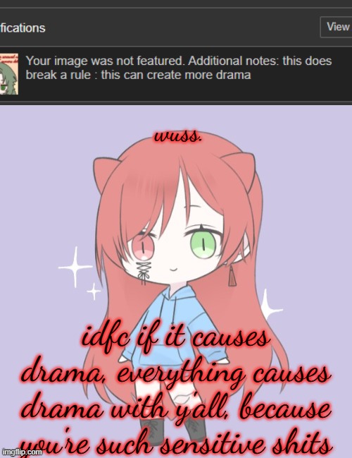 there are no rules about drama (or atleast from what i've read, correct me if i'm wrong) so this is just mod abuse. | wuss. idfc if it causes drama, everything causes drama with y'all, because you're such sensitive shits | made w/ Imgflip meme maker