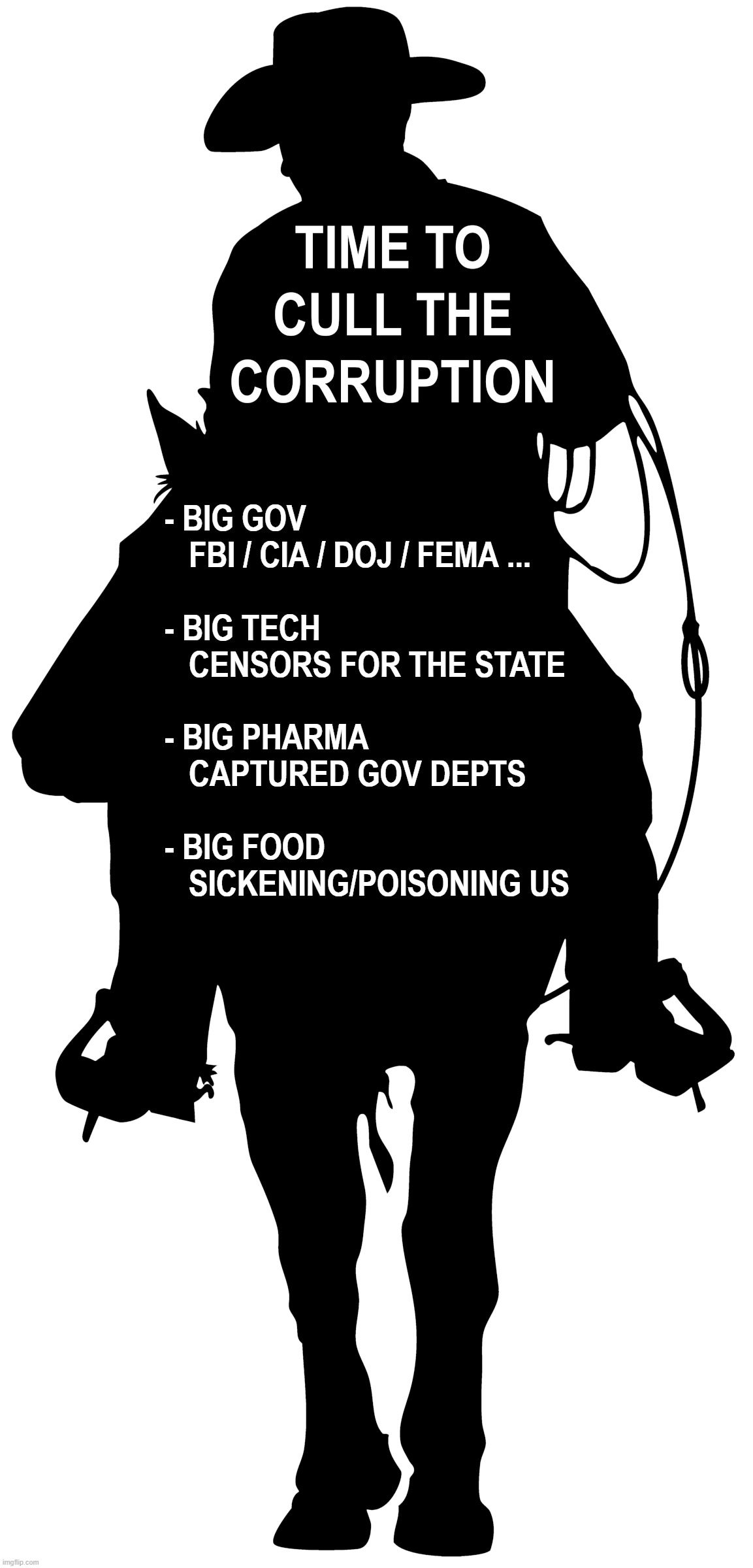 CULL THE CORRUPTOCRATS | - BIG GOV
   FBI / CIA / DOJ / FEMA ...
 
- BIG TECH 
   CENSORS FOR THE STATE
 
- BIG PHARMA
   CAPTURED GOV DEPTS
 
- BIG FOOD 
   SICKENING/POISONING US | image tagged in cull,corrupt,big tech,big pharma,big gov,big food | made w/ Imgflip meme maker