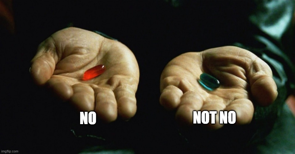 Yes? | NO; NOT NO | image tagged in red pill blue pill | made w/ Imgflip meme maker