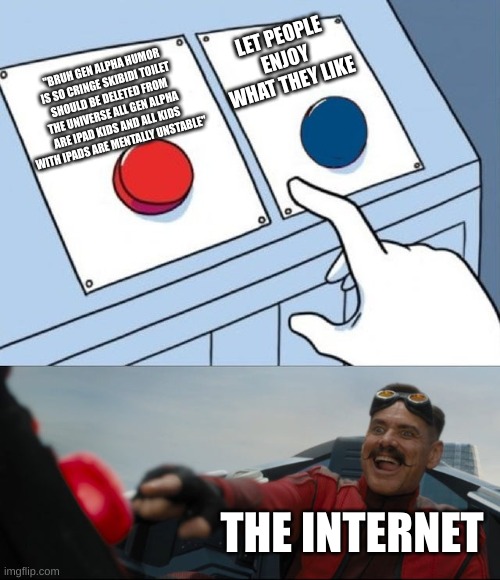 2024 internet in a nutshell | LET PEOPLE ENJOY WHAT THEY LIKE; "BRUH GEN ALPHA HUMOR IS SO CRINGE SKIBIDI TOILET SHOULD BE DELETED FROM THE UNIVERSE ALL GEN ALPHA ARE IPAD KIDS AND ALL KIDS WITH IPADS ARE MENTALLY UNSTABLE"; THE INTERNET | image tagged in robotnik button | made w/ Imgflip meme maker