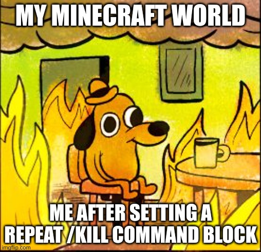 This is fine | MY MINECRAFT WORLD; ME AFTER SETTING A REPEAT /KILL COMMAND BLOCK | image tagged in this is fine,minecraft | made w/ Imgflip meme maker