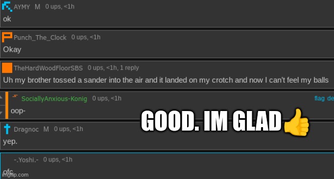 (context: I was checking in to make sure eveyone is alright) | GOOD. IM GLAD👍 | made w/ Imgflip meme maker