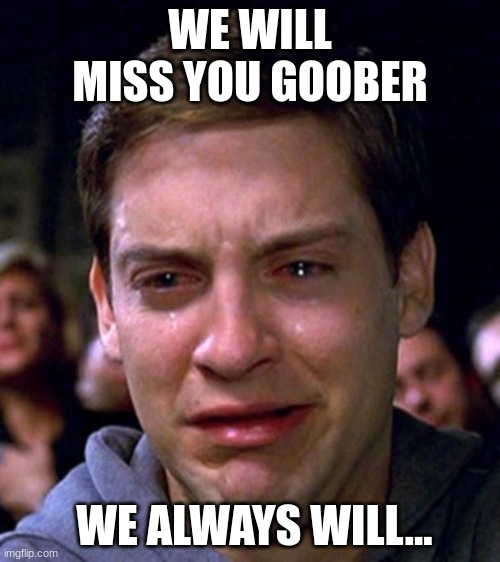 Forever.. | WE WILL MISS YOU GOOBER; WE ALWAYS WILL... | image tagged in crying peter parker | made w/ Imgflip meme maker