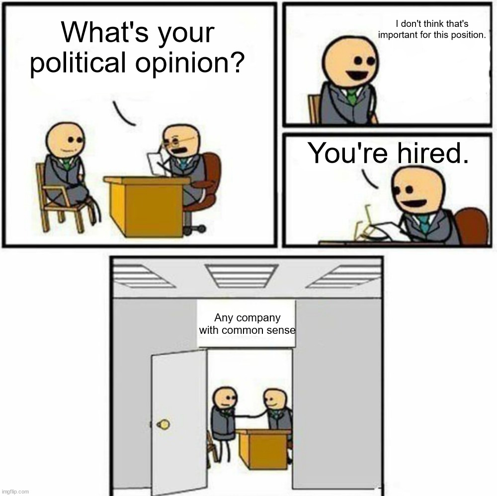 You're hired | I don't think that's important for this position. What's your political opinion? You're hired. Any company with common sense | image tagged in you're hired | made w/ Imgflip meme maker