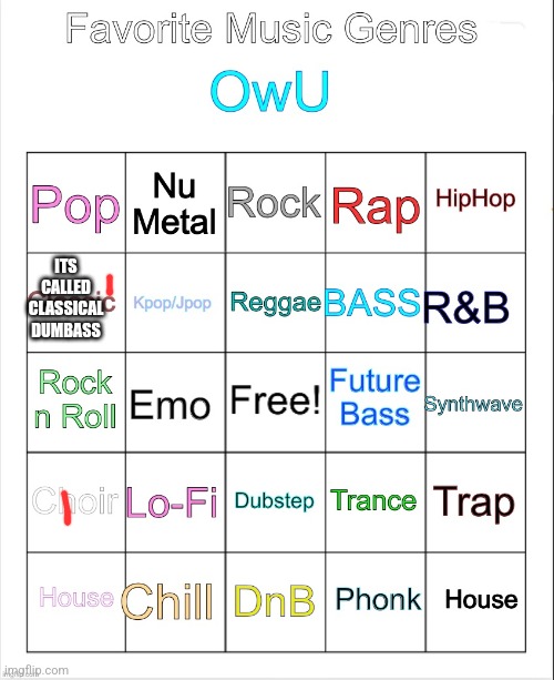 Favorite music genres <3 | ITS CALLED CLASSICAL DUMBASS | image tagged in favorite music genres 3 | made w/ Imgflip meme maker