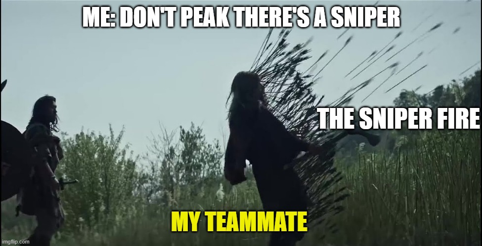 Viking Arrow | ME: DON'T PEAK THERE'S A SNIPER; THE SNIPER FIRE; MY TEAMMATE | image tagged in viking arrow | made w/ Imgflip meme maker