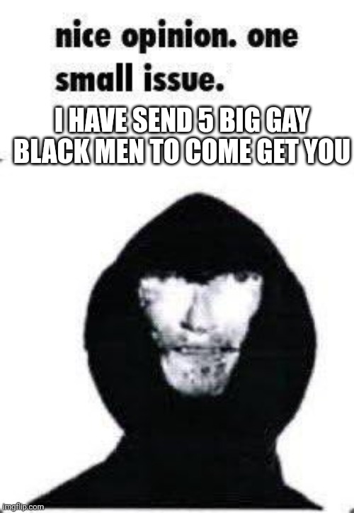 Oil up | I HAVE SEND 5 BIG GAY BLACK MEN TO COME GET YOU | image tagged in nice opinion | made w/ Imgflip meme maker