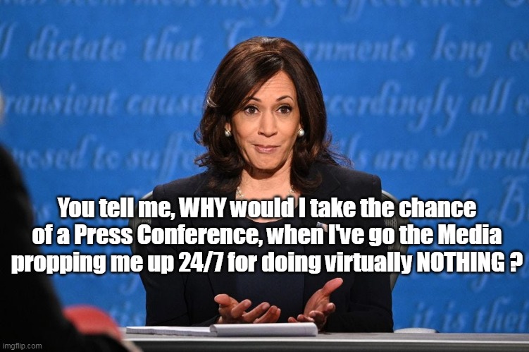 Has a point, why go to work if you get paid more for staying home ? | You tell me, WHY would I take the chance of a Press Conference, when I've go the Media propping me up 24/7 for doing virtually NOTHING ? | image tagged in kamala no press conferences meme | made w/ Imgflip meme maker