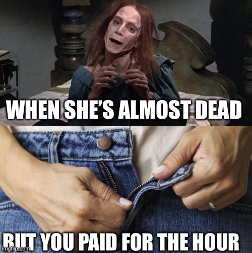 WHEN SHE’S ALMOST DEAD; BUT YOU PAID FOR THE HOUR | image tagged in pet sematary redhead,pulls zipper down,dark humor | made w/ Imgflip meme maker