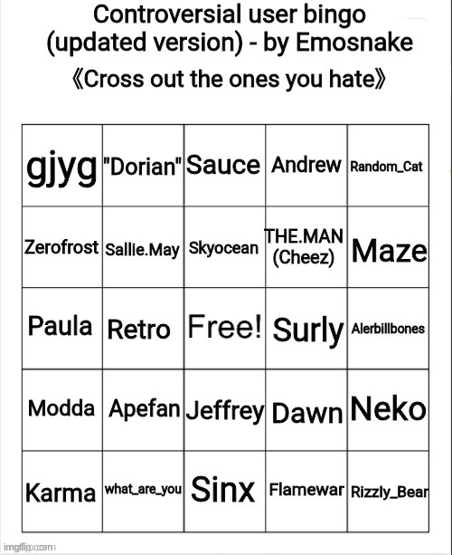 Controversial user bingo (updated version) - by Emosnake | image tagged in controversial user bingo updated version - by emosnake | made w/ Imgflip meme maker