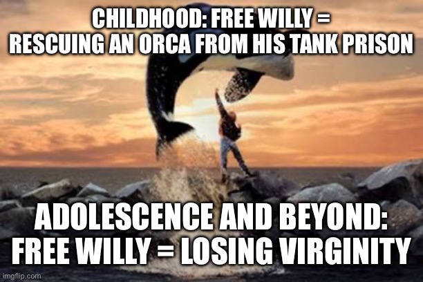 Free Willy blank | CHILDHOOD: FREE WILLY = RESCUING AN ORCA FROM HIS TANK PRISON; ADOLESCENCE AND BEYOND: FREE WILLY = LOSING VIRGINITY | image tagged in free willy blank | made w/ Imgflip meme maker