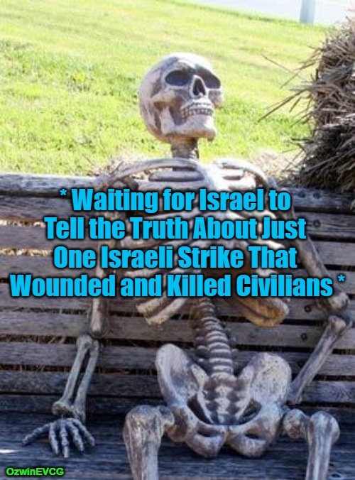 "Western" MSM Lies About Ukraine But Not War in Palestine! | * Waiting for Israel to 

Tell the Truth About Just 

One Israeli Strike That 

Wounded and Killed Civilians *; OzwinEVCG | image tagged in memes,waiting skeleton,israel,palestine,lamestream media,nongoogle that | made w/ Imgflip meme maker