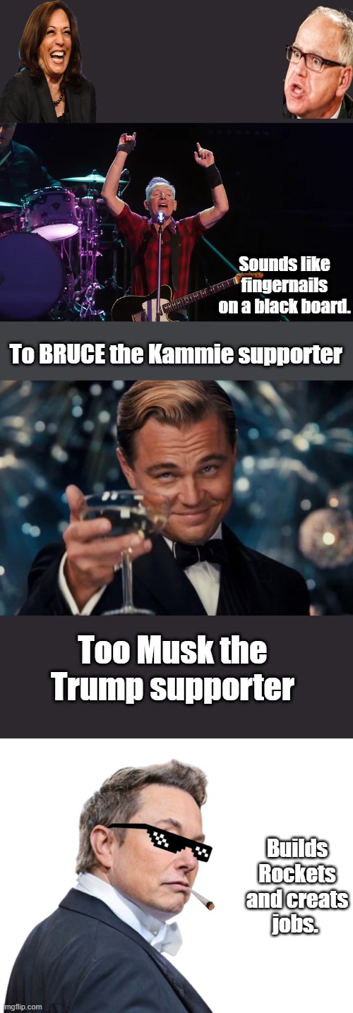 Sounds like fingernails on a black board. To BRUCE the Kammie supporter; Too Musk the Trump supporter; Builds Rockets and creats jobs. | image tagged in memes,leonardo dicaprio cheers,chief cyberlord sir elon musk | made w/ Imgflip meme maker