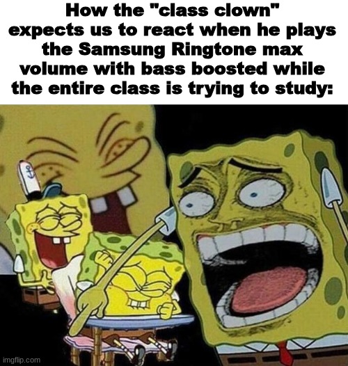 Thought they cooked with that one | How the "class clown" expects us to react when he plays the Samsung Ringtone max volume with bass boosted while the entire class is trying to study: | image tagged in spongebob laughing hysterically,school,middle school,class,spongebob,laugh | made w/ Imgflip meme maker