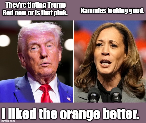 I like Orange man better, leatherface is looking very old. Trump looks younger then her. | Kammies looking good. They're tinting Trump Red now or is that pink. I liked the orange better. | made w/ Imgflip meme maker