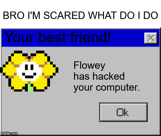 PLEASE HELP ME I THINK HE'S KNOCKING AT MY DOOR | BRO I'M SCARED WHAT DO I DO; Your best friend! Flowey has hacked your computer. | image tagged in windows error message | made w/ Imgflip meme maker