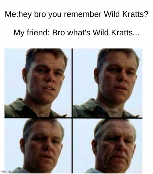 BRO I MISS THAT SHOW also I'm gunna be cooked I have like an f in Spanish rn cuz I did a project and its late | Me:hey bro you remember Wild Kratts?
 
My friend: Bro what's Wild Kratts... | image tagged in matt damon gets older | made w/ Imgflip meme maker