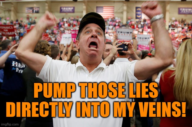 Trump Supporter Triggered | PUMP THOSE LIES DIRECTLY INTO MY VEINS! | image tagged in trump supporter triggered | made w/ Imgflip meme maker