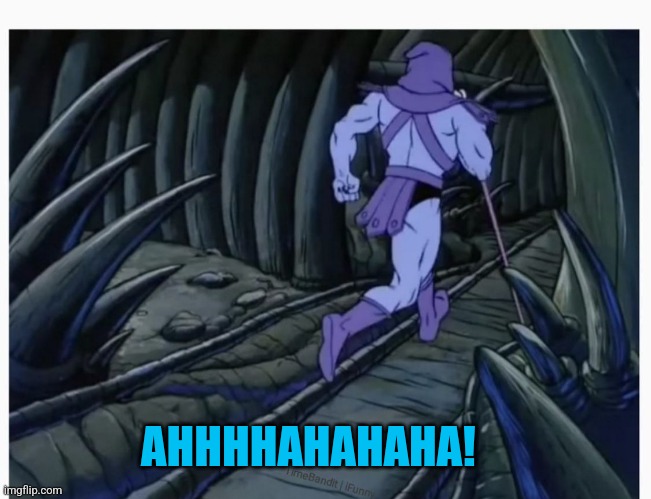 Skeletor Running Away | AHHHHAHAHAHA! | image tagged in skeletor running away | made w/ Imgflip meme maker