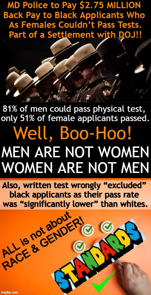 Equality NOT Equity. Who Wants a WEAK Woman When Police are Needed?! (Only Bad Men Who Will Win)! | MD Police to Pay $2.75 MILLION 
Back Pay to Black Applicants Who 
As Females Couldn’t Pass Tests.
Part of a Settlement with DOJ!! 81% of men could pass physical test, 
only 51% of female applicants passed. Well, Boo-Hoo! MEN ARE NOT WOMEN
WOMEN ARE NOT MEN; Also, written test wrongly “excluded” 

black applicants as their pass rate 

was “significantly lower” than whites. ALL is not about 
RACE & GENDER! | image tagged in common sense,facts,feelings,professionals have standards,not all about race and gender,political humor | made w/ Imgflip meme maker