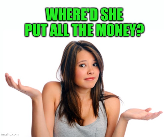 Shrug girl | WHERE'D SHE PUT ALL THE MONEY? | image tagged in shrug girl | made w/ Imgflip meme maker