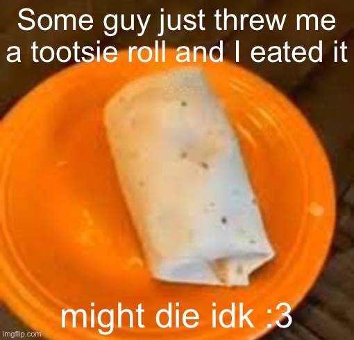 JimmyHere Burrito | Some guy just threw me a tootsie roll and I eated it; might die idk :3 | image tagged in jimmyhere burrito | made w/ Imgflip meme maker