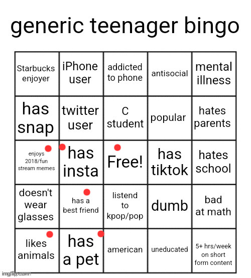 generic teenager bingo | image tagged in generic teenager bingo | made w/ Imgflip meme maker