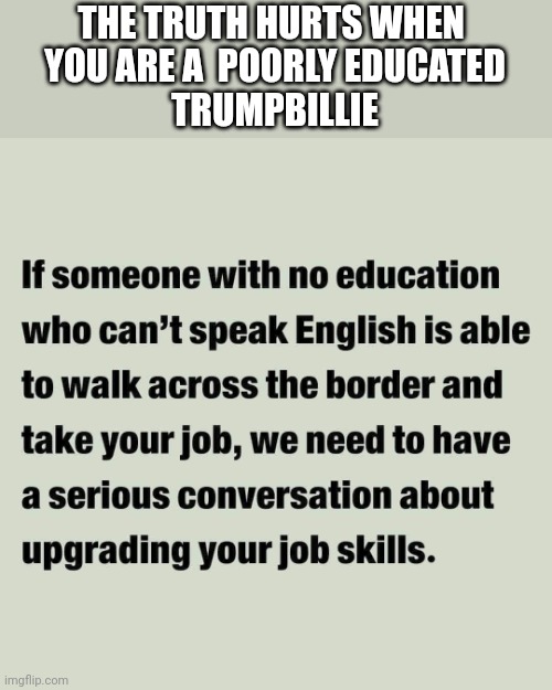 TrumpBillies | THE TRUTH HURTS WHEN 
YOU ARE A  POORLY EDUCATED
TRUMPBILLIE | image tagged in get a job,trumpbillies | made w/ Imgflip meme maker