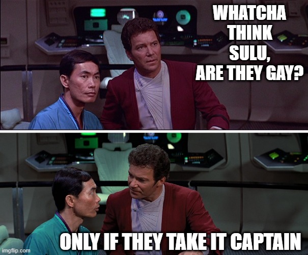 Sulu Confirms | WHATCHA THINK SULU, ARE THEY GAY? ONLY IF THEY TAKE IT CAPTAIN | image tagged in kirk sulu star trek iii | made w/ Imgflip meme maker