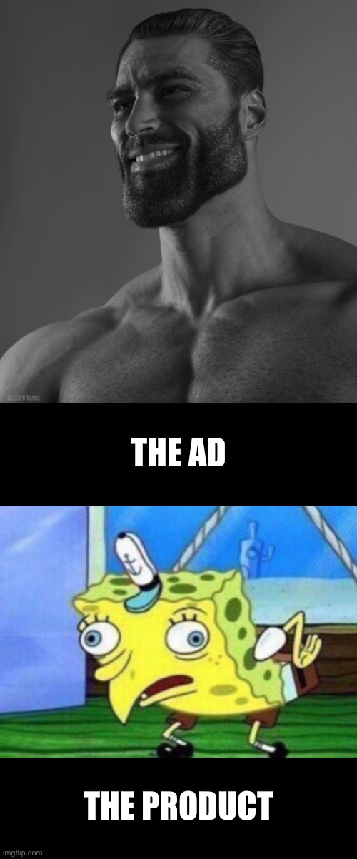 Words of Wisdom | THE AD; THE PRODUCT | image tagged in giga chad,mocking spongebob | made w/ Imgflip meme maker