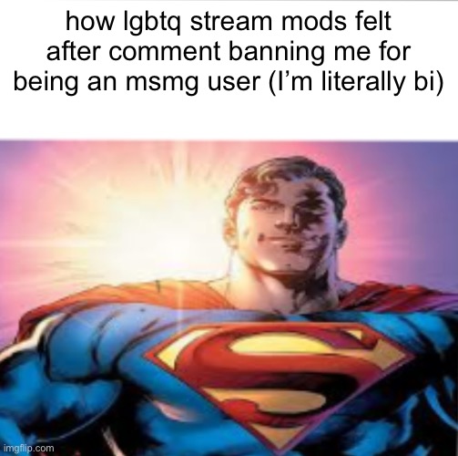 Superman starman meme | how lgbtq stream mods felt after comment banning me for being an msmg user (I’m literally bi) | image tagged in superman starman meme | made w/ Imgflip meme maker