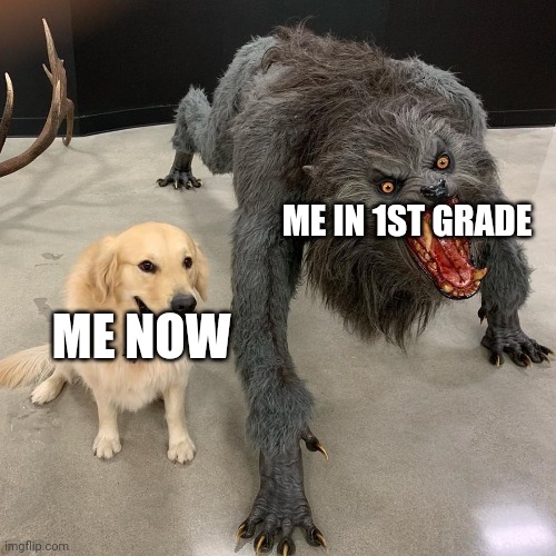 Me hehe | ME IN 1ST GRADE; ME NOW | image tagged in good dog scary dog | made w/ Imgflip meme maker